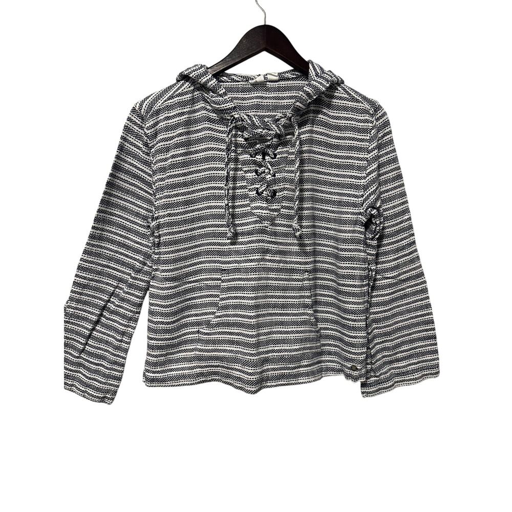 ROXY Women’s Baja Hoodie Pullover Navy White Striped 100% Cotton Lace Up Boho S